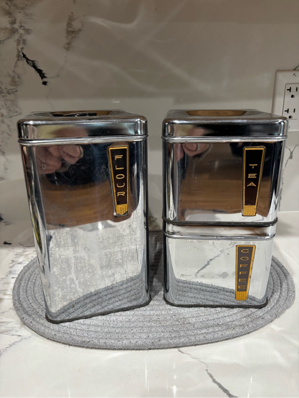 Silver Chrome Tea & Coffee Canister Set with Gold Labels